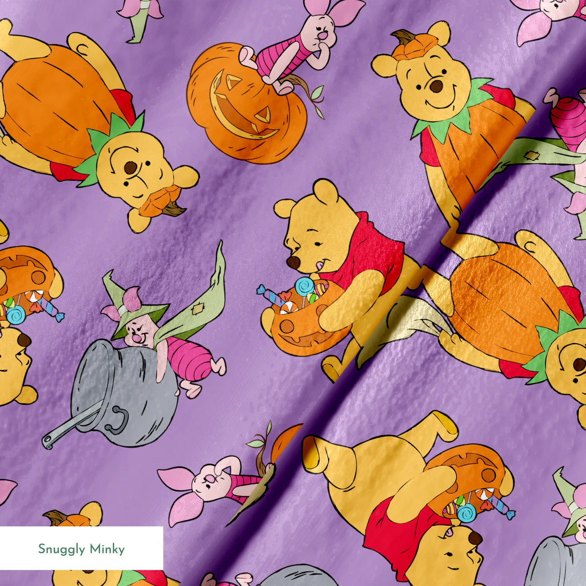 Whimsical Winnie the Pooh pattern with Piglet and Eeyore on purple background with pumpkins springs minky texture