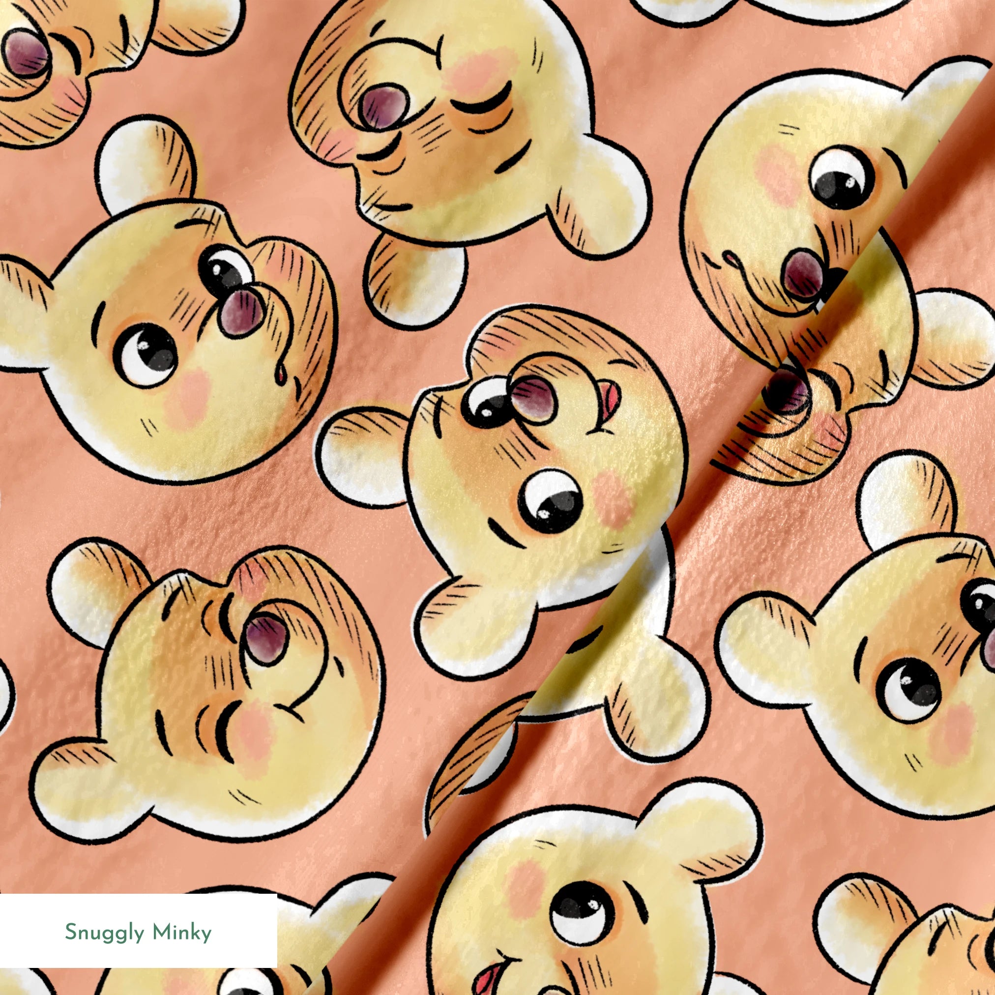 Cartoon teddy bear faces with cute expressions on peach background in repeating pattern springs minky texture