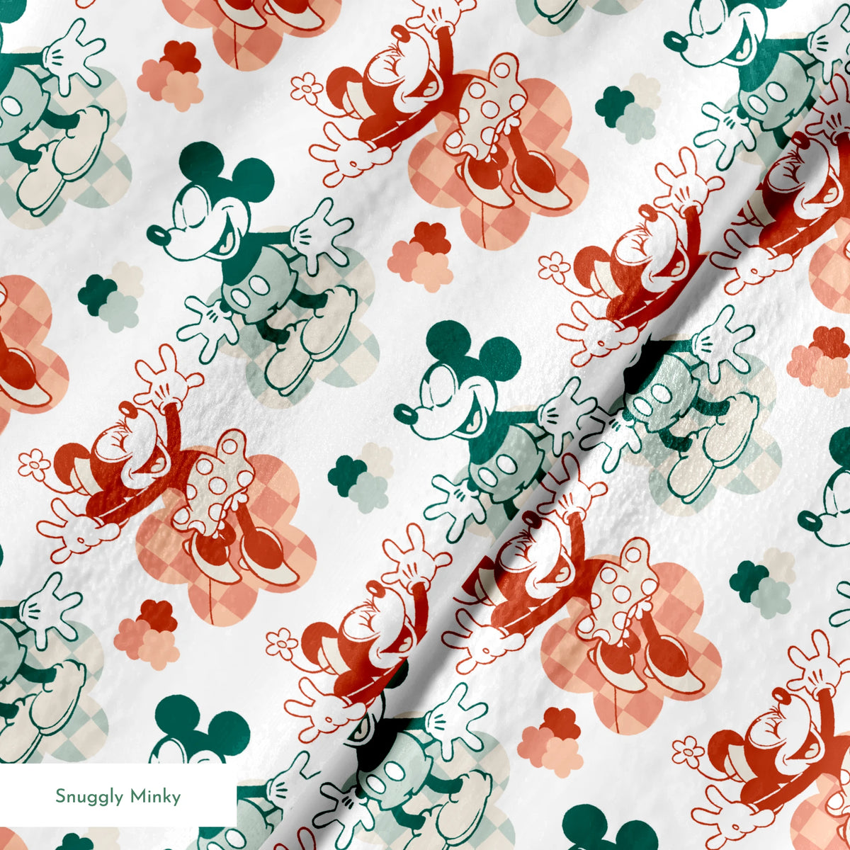 Repeating pattern of vintage-style cartoon characters in green and red-orange tones on white background springs minky texture