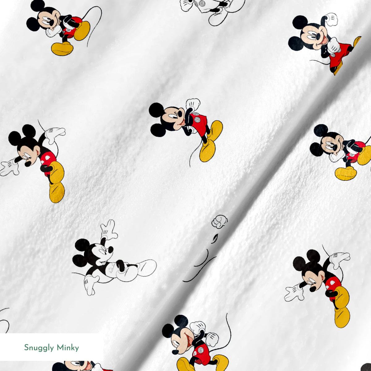 Repeating pattern of Mickey Mouse cartoon characters in various poses on white background springs minky texture