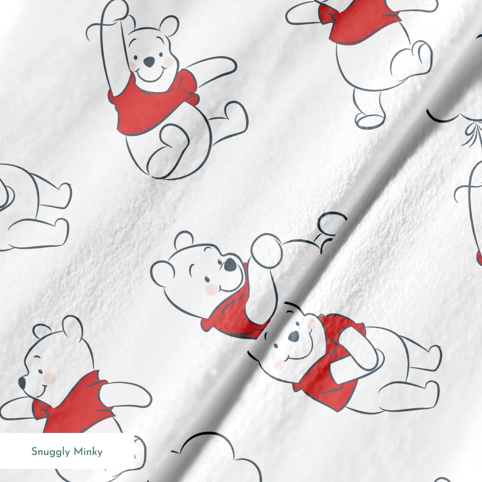 Illustration pattern of Winnie the Pooh in different poses wearing a red shirt on white background springs minky texture