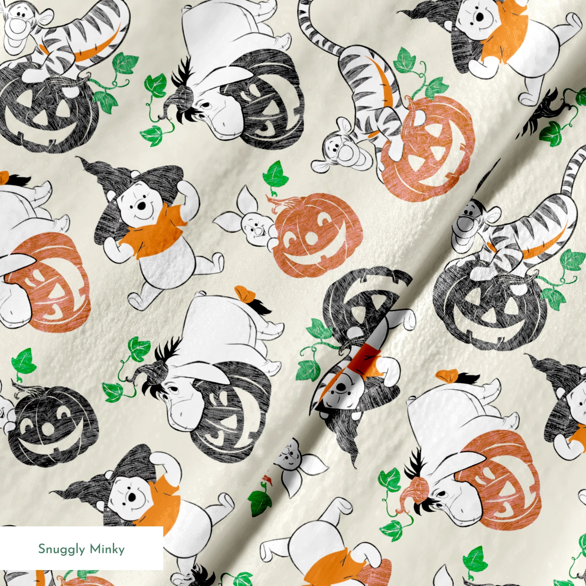 Whimsical Halloween pattern with cartoon ghosts, pumpkins, cats, and bears on cream background springs minky texture