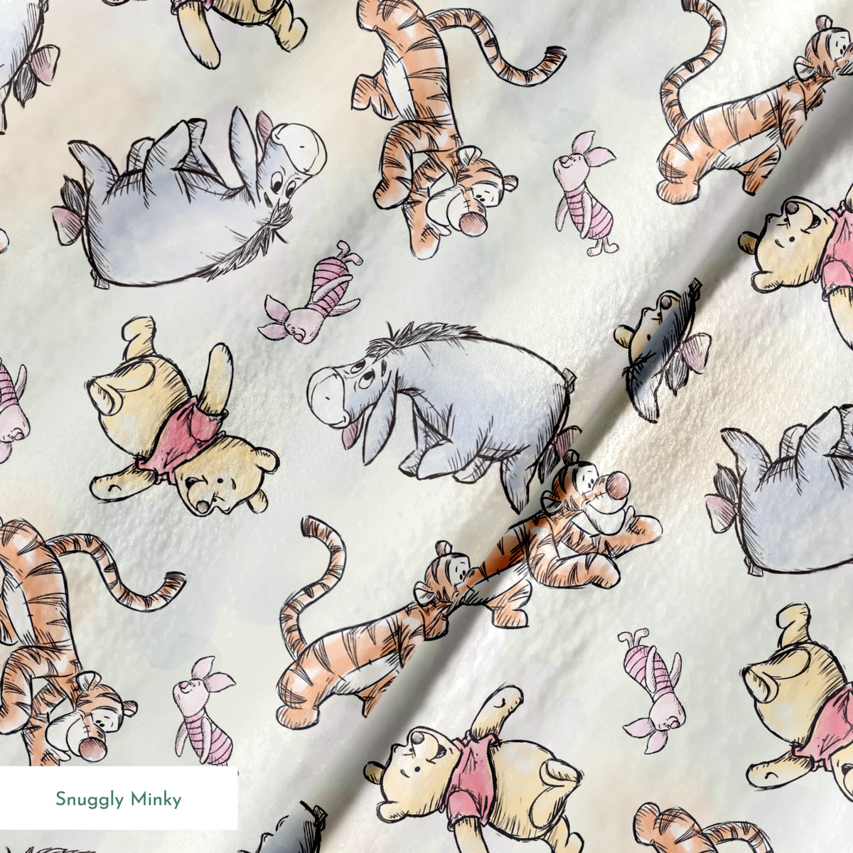Whimsical pattern featuring cartoon bears in red shirts with bouncing tigers and small pink chara... springs minky texture