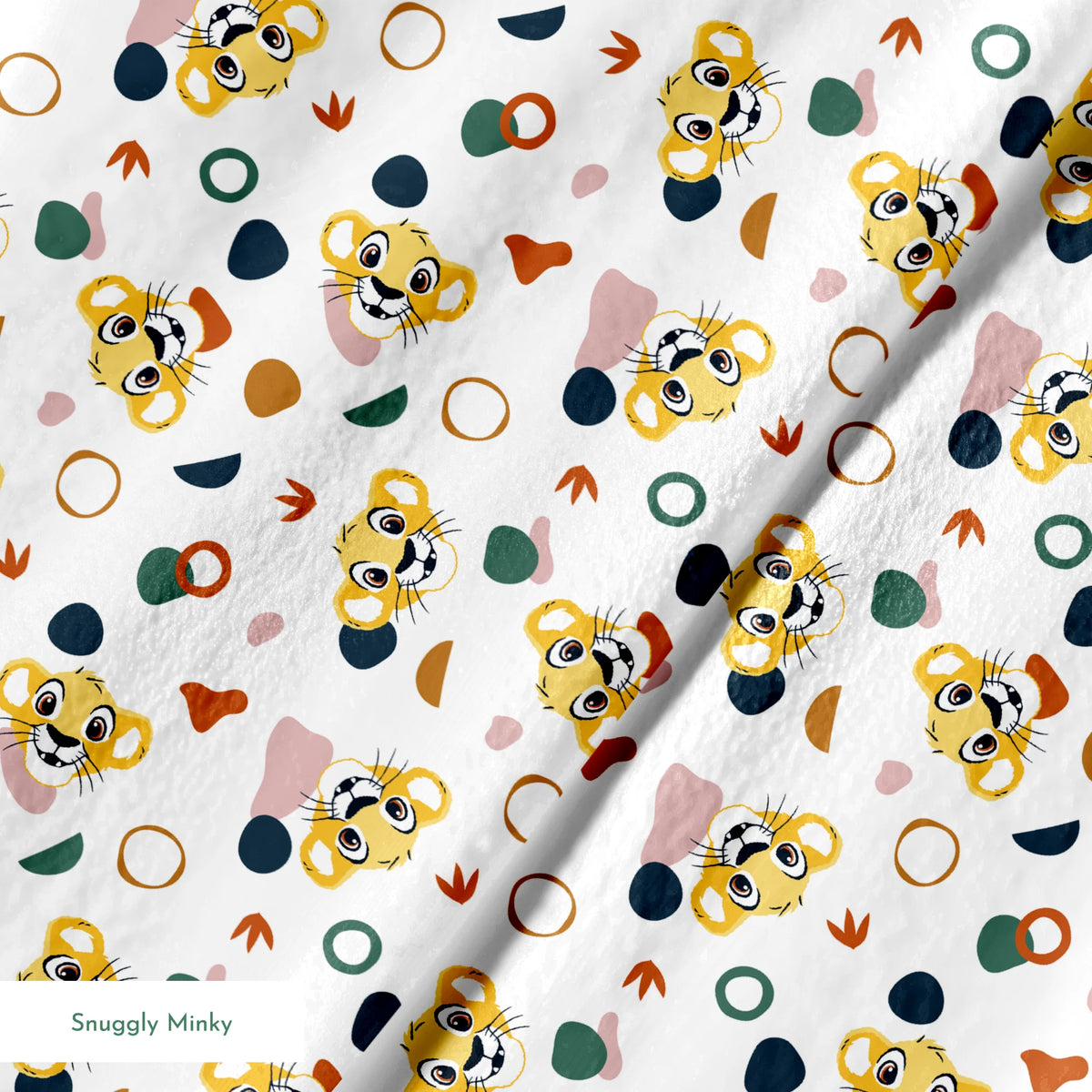 Cute Lion King characters with colorful abstract shapes in pink, teal, brown, and navy on white springs minky texture