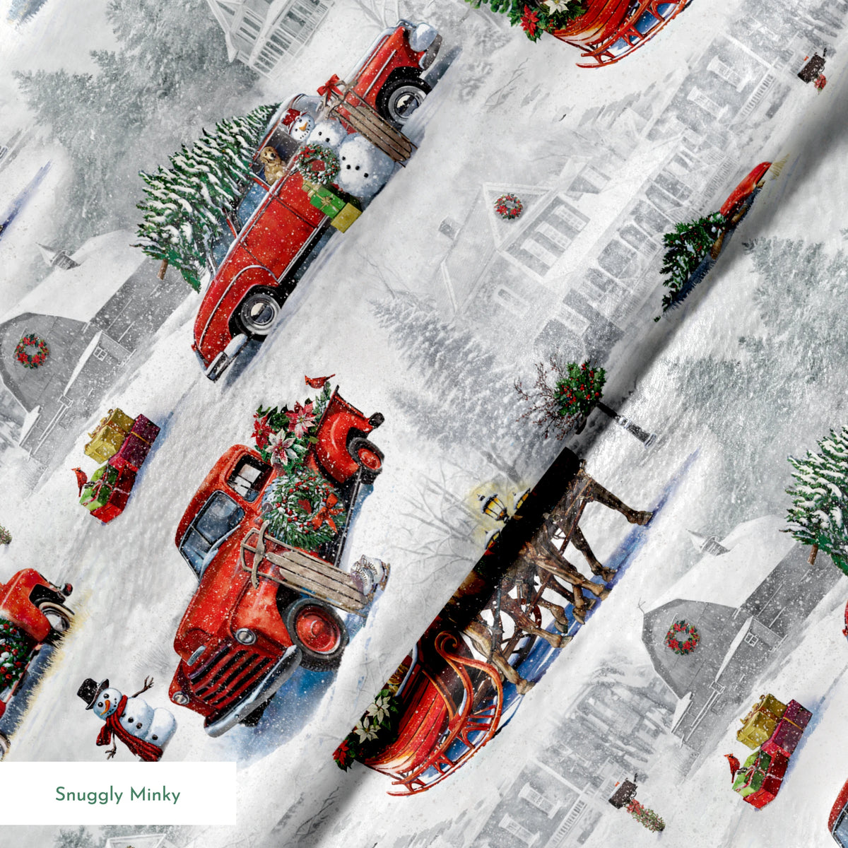 Christmas pattern with vintage red trucks, horse-drawn sleighs, and pine trees in snowy winter landscape springs minky texture