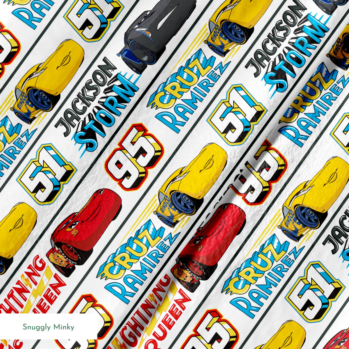 Disney Cars character ribbon with Lightning McQueen 95, Cruz Ramirez 51, and Jackson Storm 20 repeated pattern springs minky texture