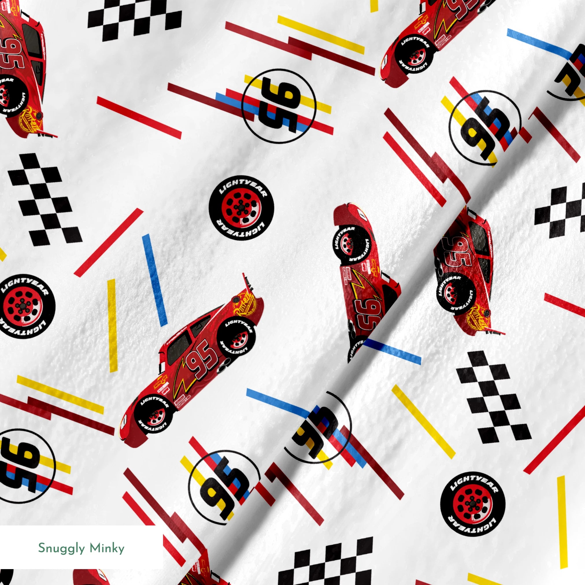 Racing car pattern with red toy cars, checkered flags, number 95 emblems, and colorful lines on white background springs minky texture