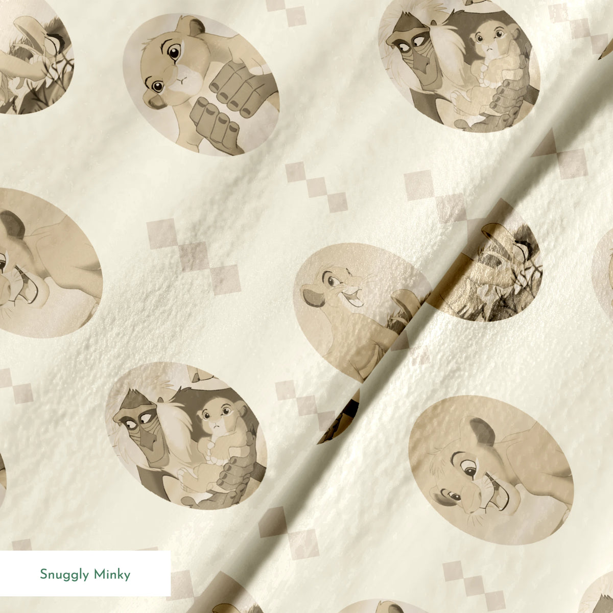 Lion King characters in sepia tone portraits on cream background with diamond pattern springs minky texture