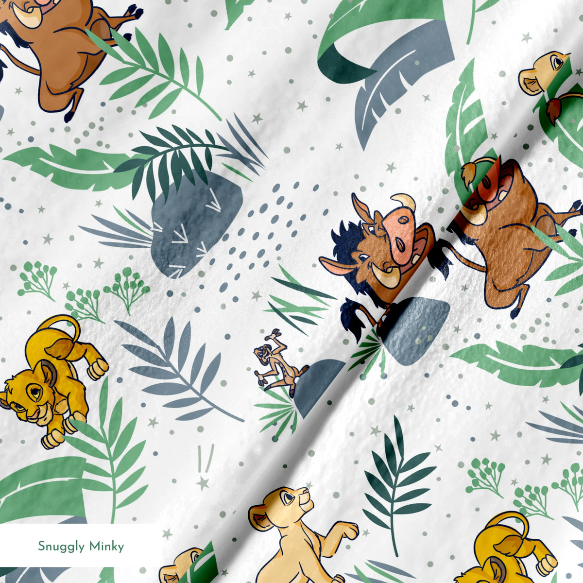 Cartoon lion cubs playing among tropical leaves and plants in green and blue tones on white background springs minky texture