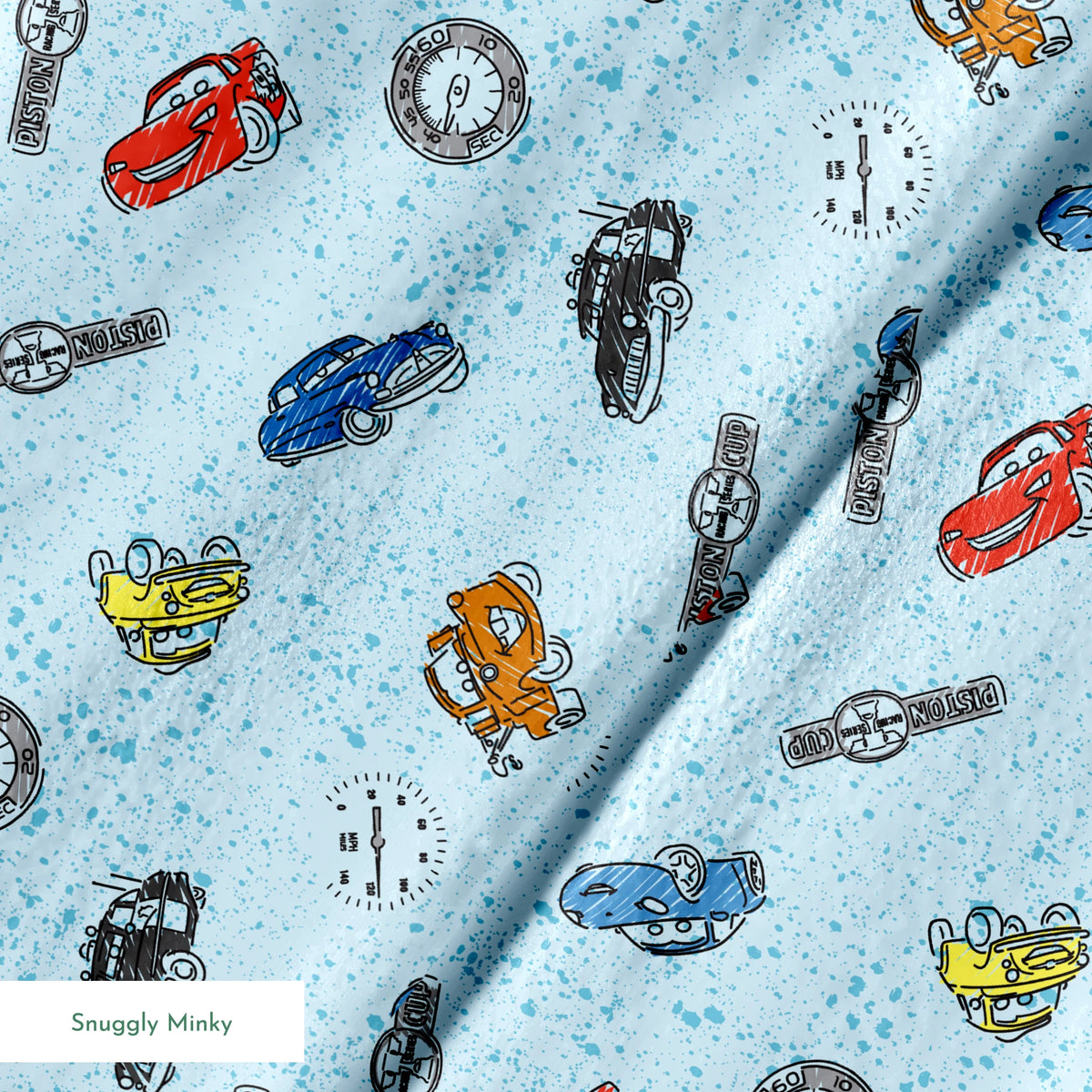 Colorful cartoon cars and watches scattered on a light blue speckled background pattern springs minky texture