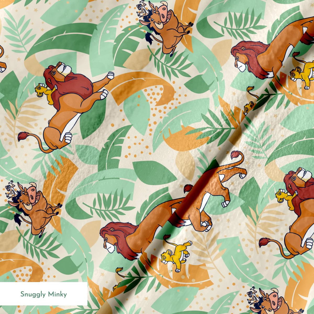 Lion King-inspired pattern with lions and jungle animals amid colorful tropical leaves on cream background springs minky texture