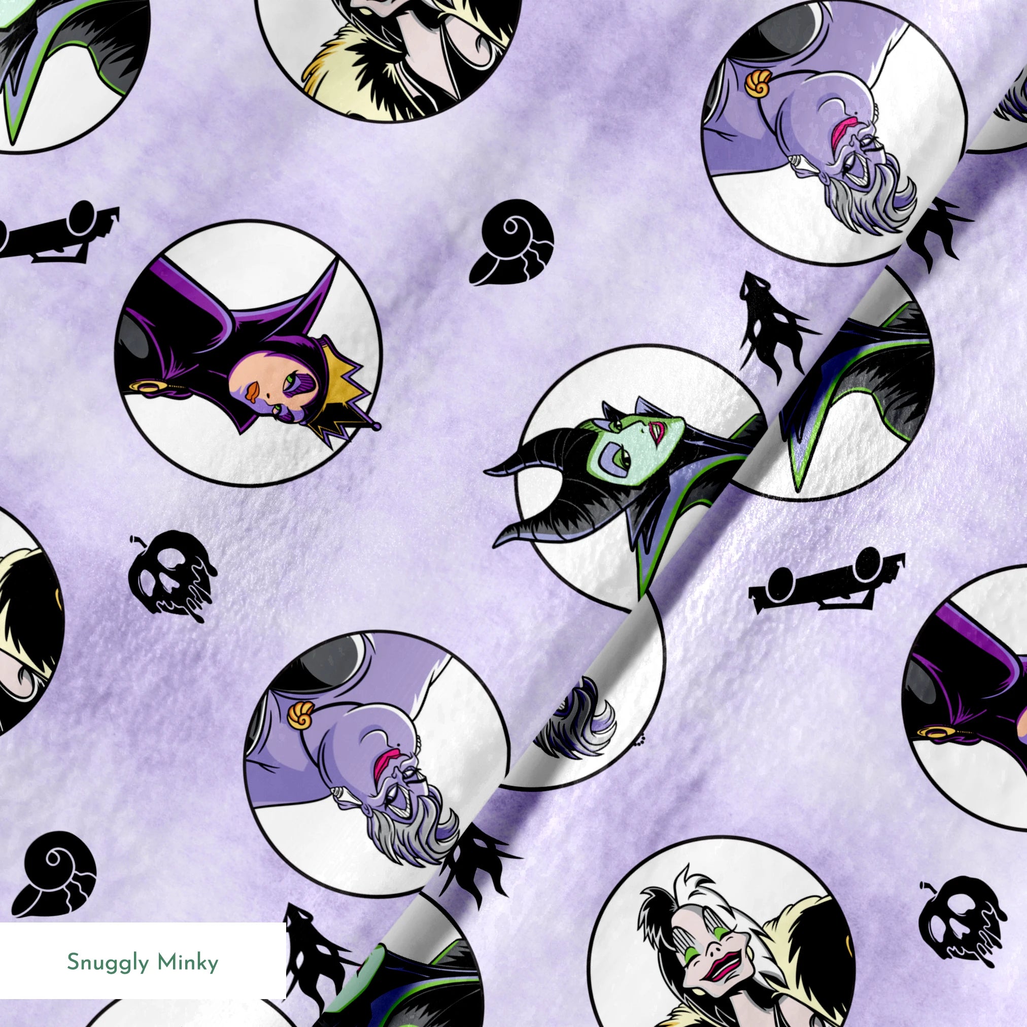 Disney villains pattern with circular character portraits on lavender background with black silhouettes of iconic symbols springs minky texture