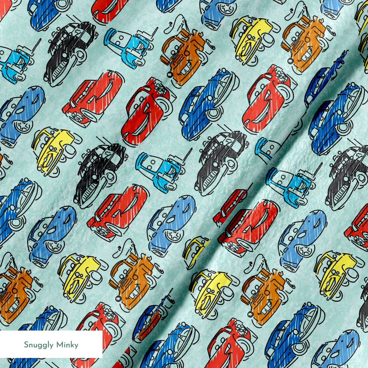 Colorful cartoon cars pattern including red racecars, blue sedans, yellow coupes, and tow trucks on light blue background springs minky texture