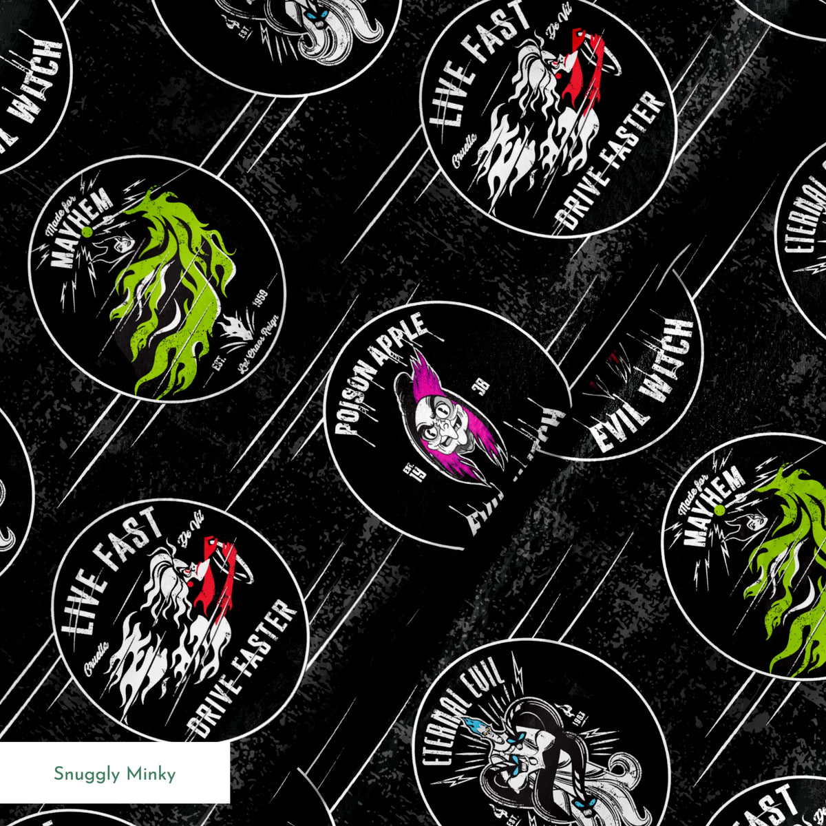Punk-style Disney Villain circular badges including "Eternal Evil," "Live Fast Drive Faster," and green "Mayhem" designs on black background springs minky texture