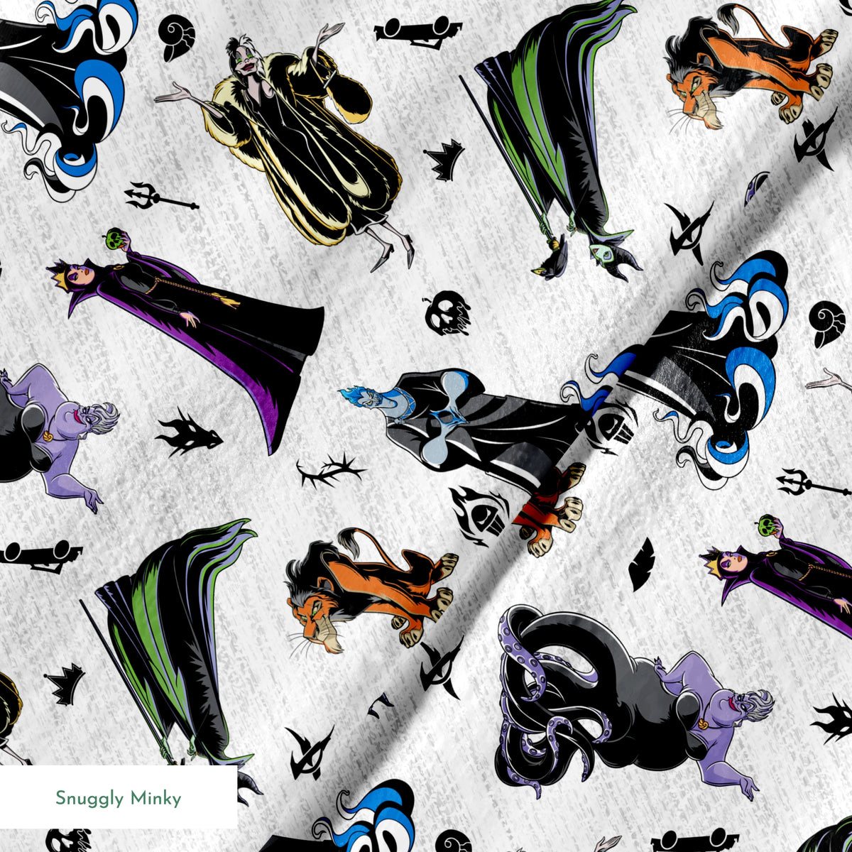 Disney villains pattern with stylized character silhouettes in black, purple, green, and orange on textured white background springs minky texture