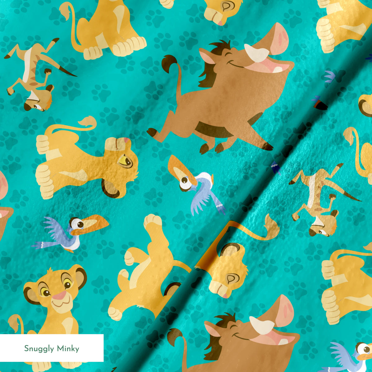 Cartoon Lion King characters pattern with Simba, Pumbaa and others on turquoise paw print background springs minky texture