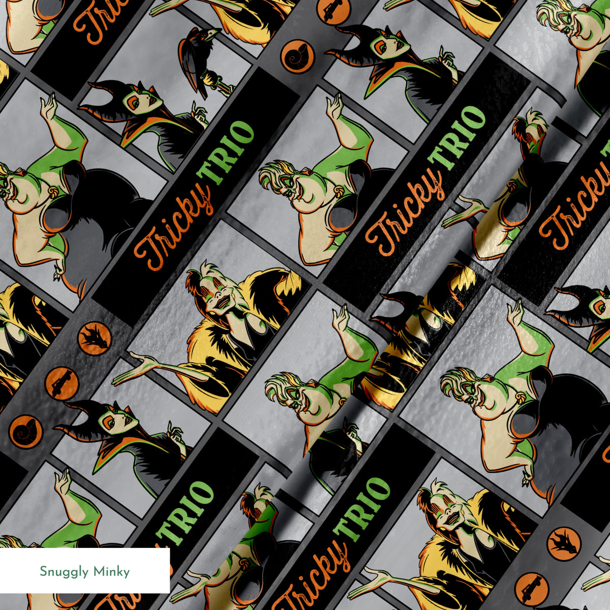 Cartoon-style villains "Tricky Trio" pattern with Maleficent, Cruella, and Ursula in green and orange text springs minky texture