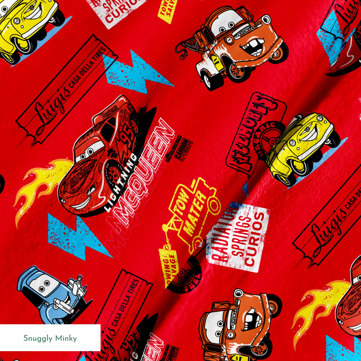 Colorful Disney Cars pattern featuring Lightning McQueen and Mater on vibrant red background with logos springs minky texture