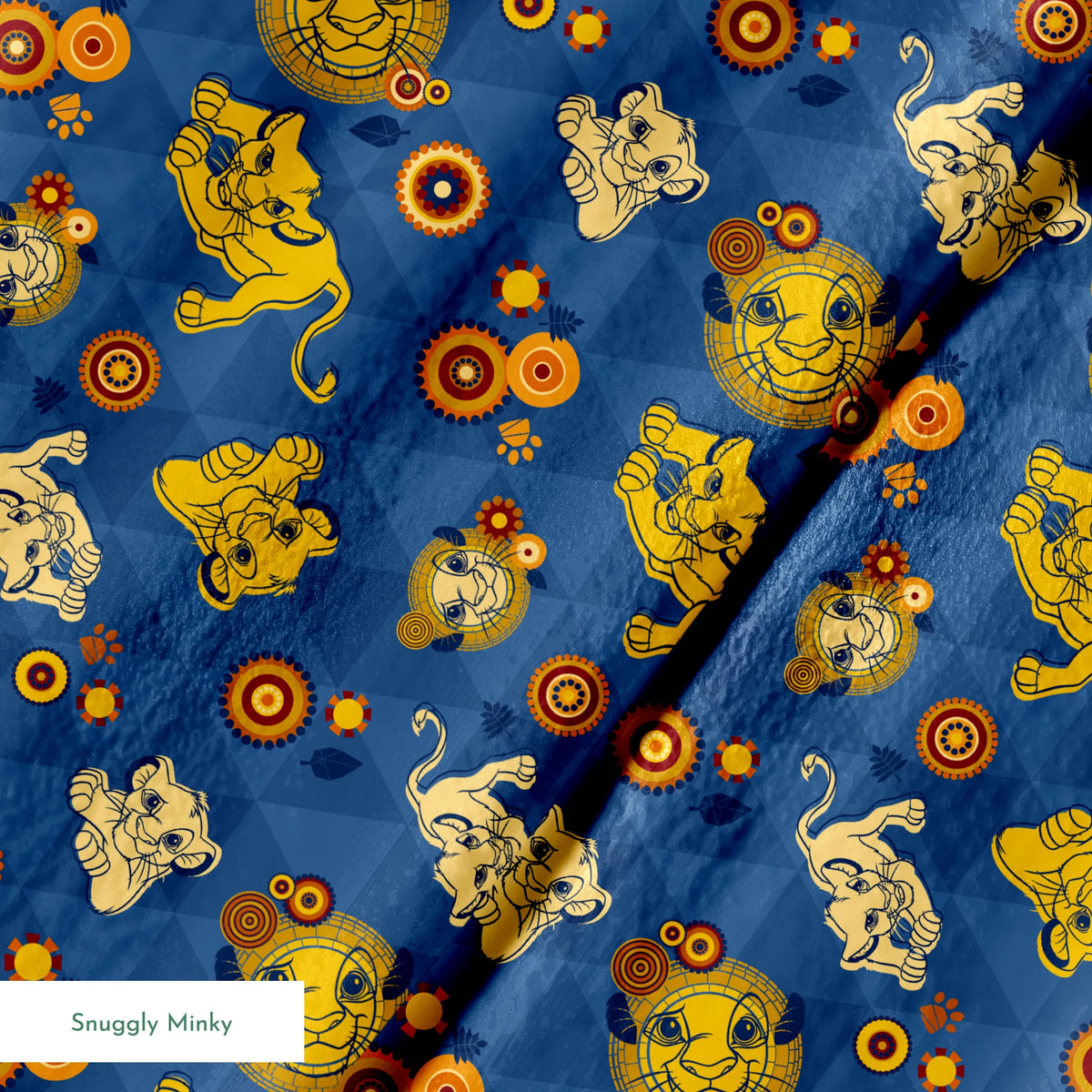 Geometric pattern with yellow lion figures and circular designs on blue triangular background springs minky texture