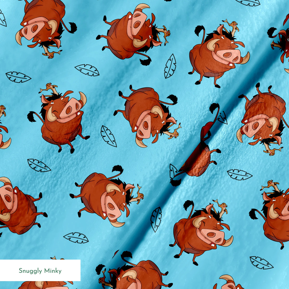 Cheerful Lion King characters with flower crowns dancing on light blue background with leaf patterns springs minky texture