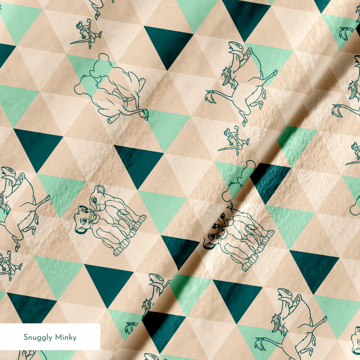 Geometric triangle pattern with stylized animal illustrations in teal and beige, featuring dogs, elephants, and other creatures. springs minky texture