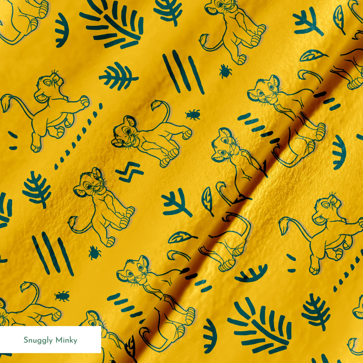 Pattern of cartoon lion cubs with green leaves and decorative elements on bright yellow background springs minky texture