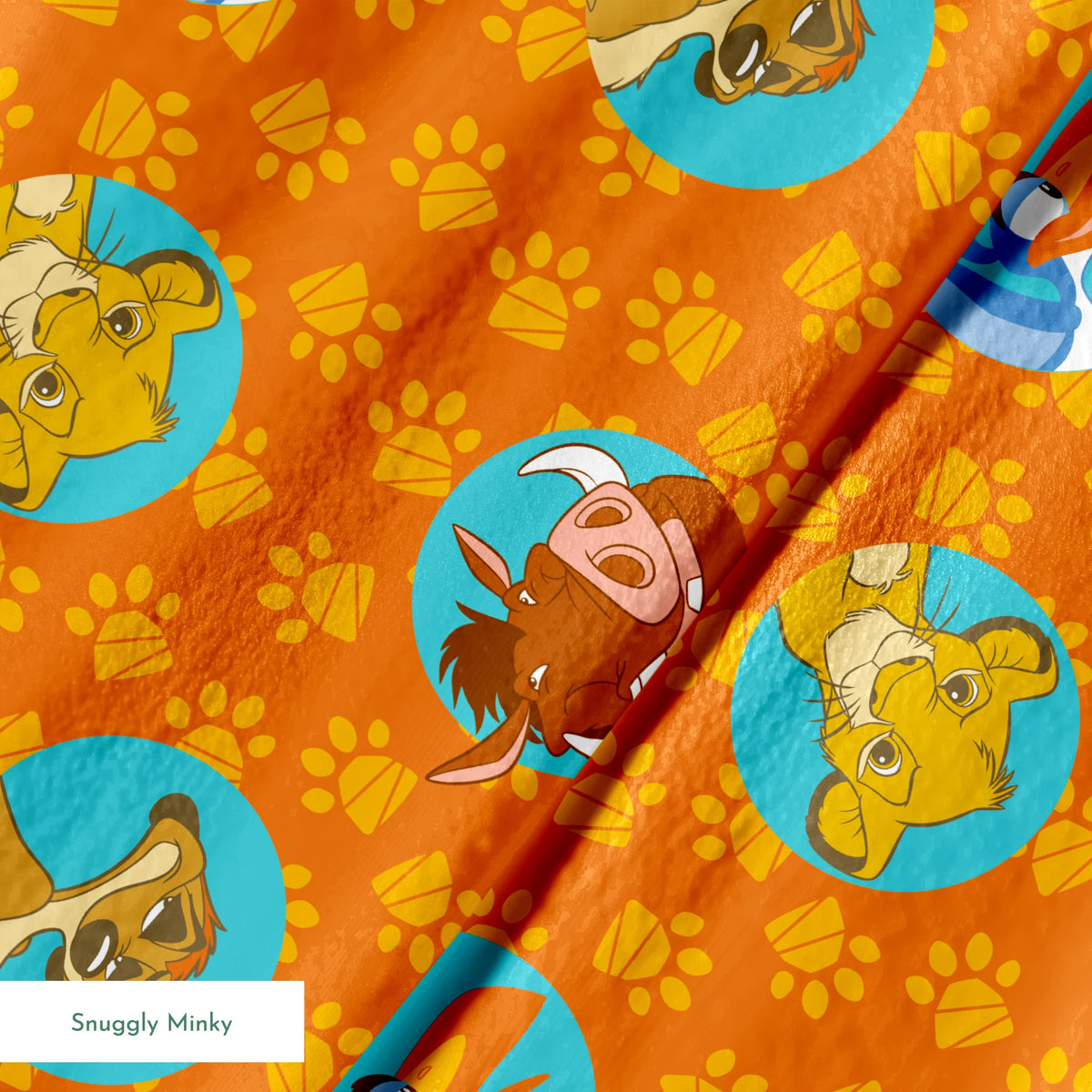 Cartoon animal characters in blue circles on orange background with yellow paw prints pattern springs minky texture