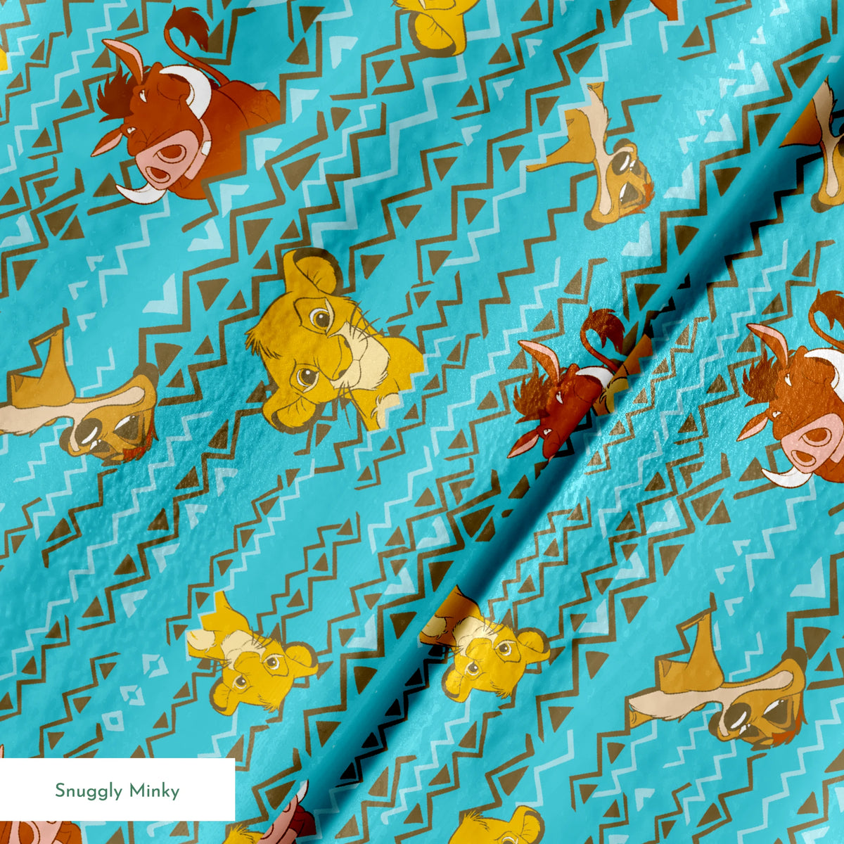 Lion King themed pattern with Simba and Timon characters on turquoise blue background with zigzag stripes springs minky texture