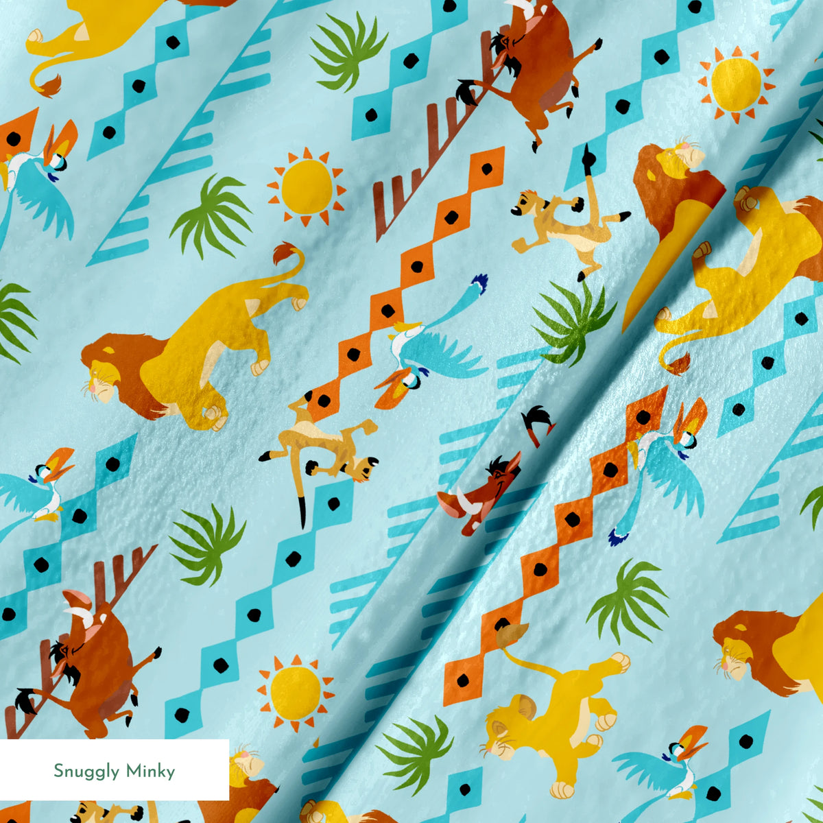 Colorful pattern with cartoon lions, palm trees, and sun designs on a light blue background springs minky texture