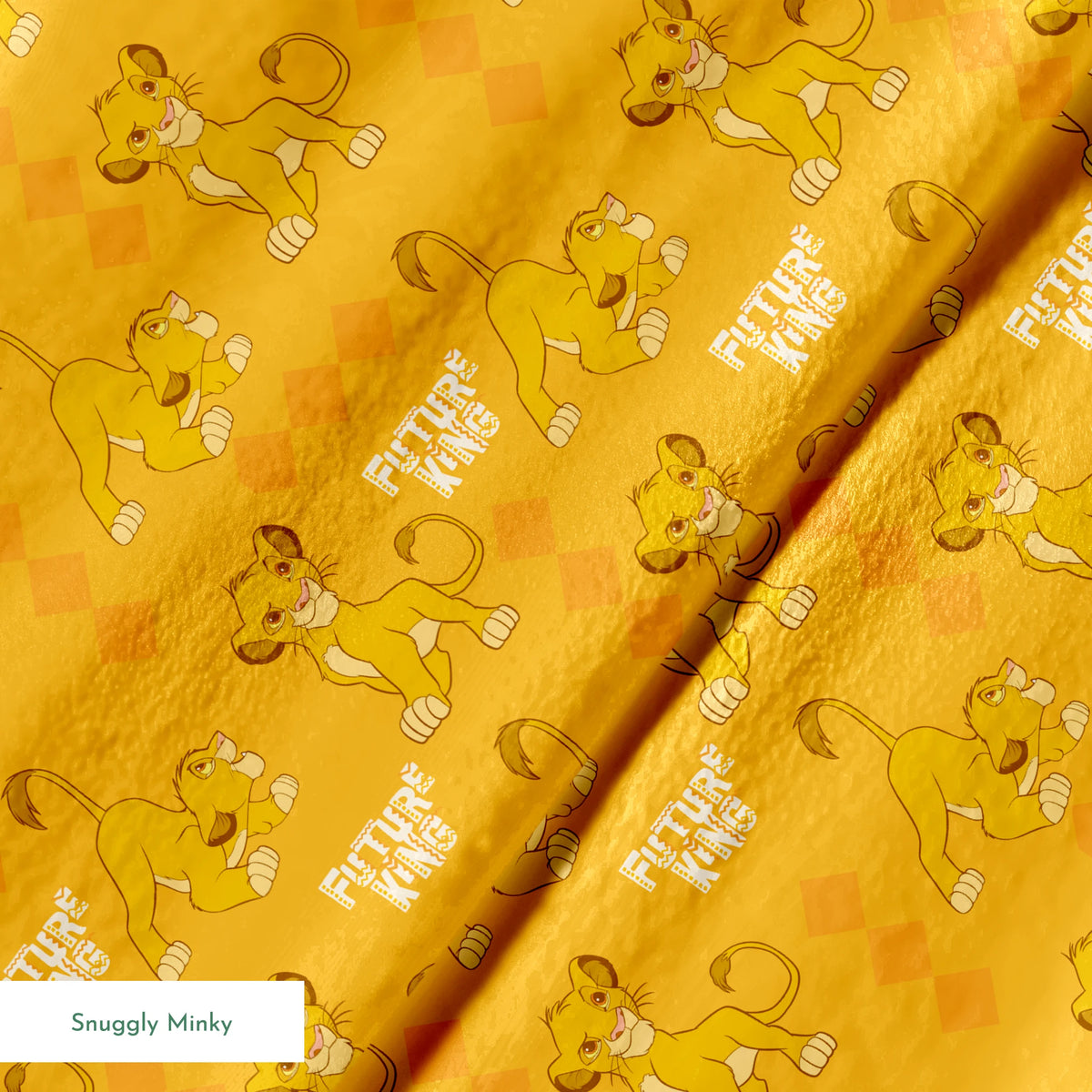 Young lion cub cartoon pattern on orange diamond background with "Future King" text springs minky texture