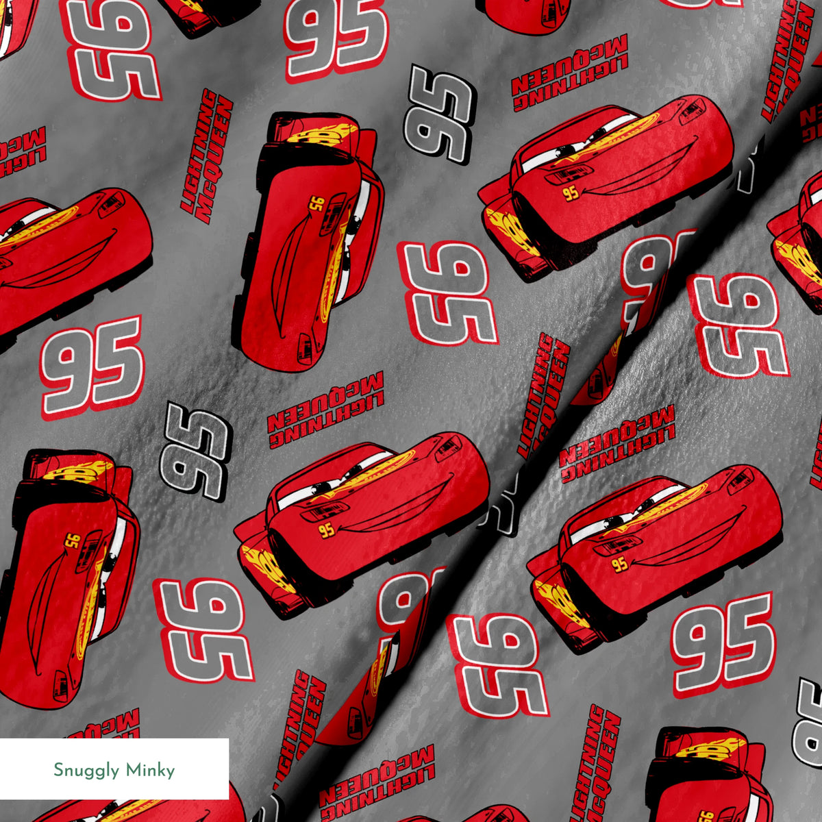 Lightning McQueen pattern with red race cars and number 95 on gray background springs minky texture