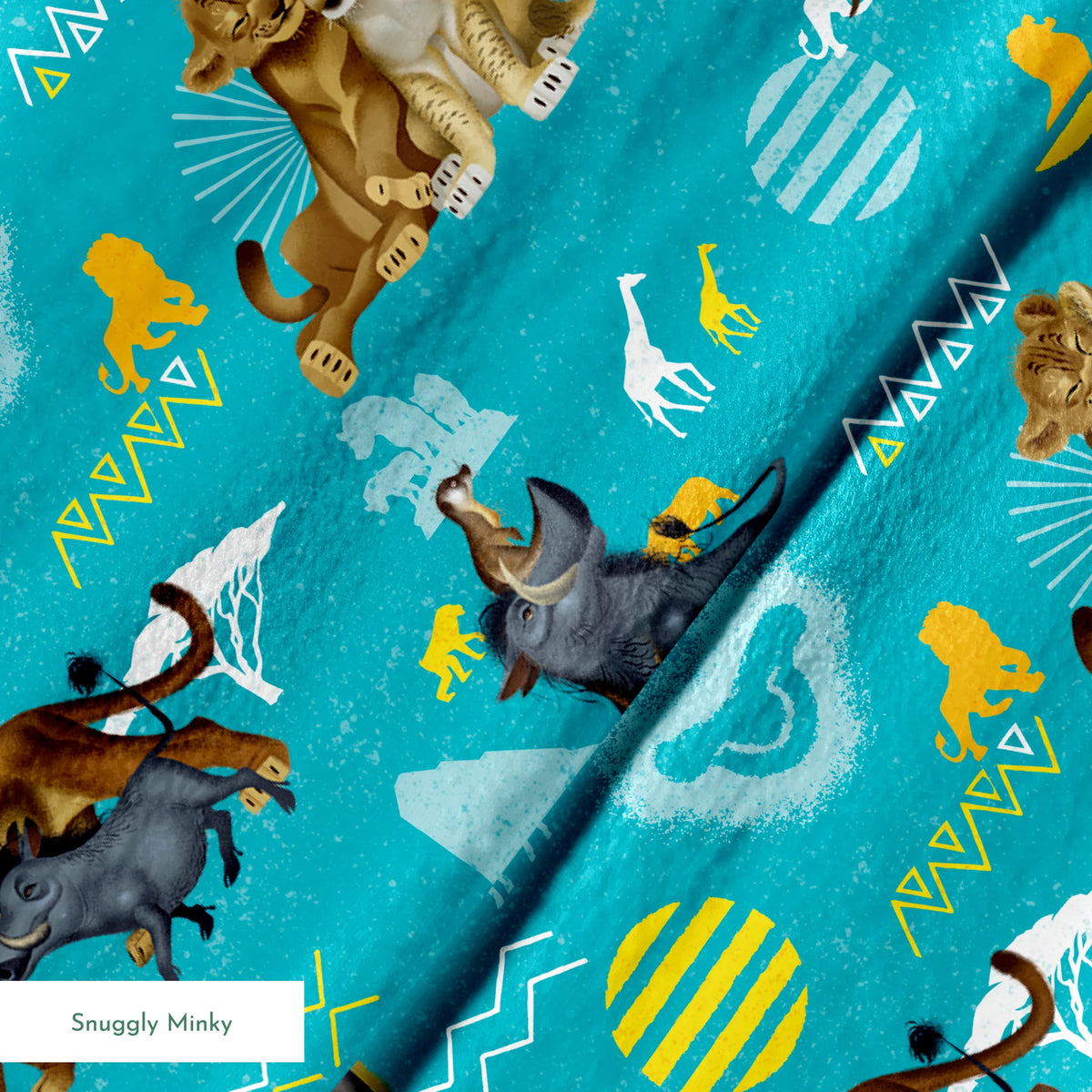 Animated lions pattern on turquoise background with geometric shapes and tribal designs springs minky texture