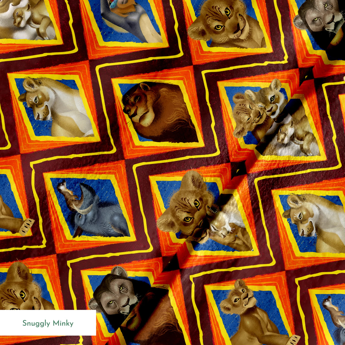 Diamond pattern of illustrated lions with various expressions in brown, tan, and gray against colorful geometric backgrounds. springs minky texture