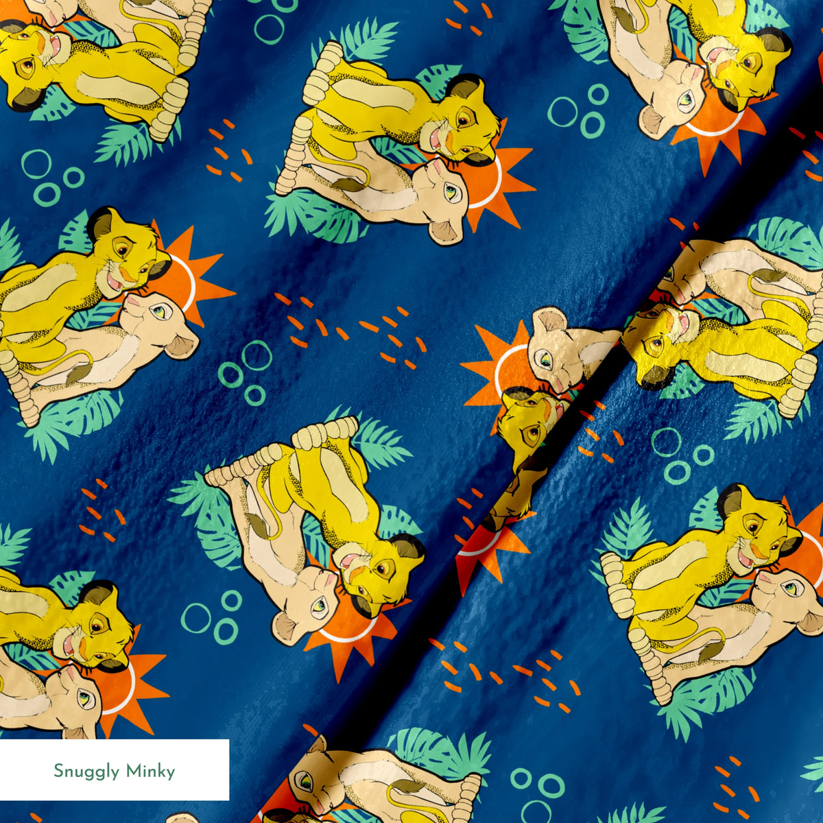 Yellow cartoon lions and pale yellow animals on teal background with tropical leaves, orange sun shapes and bubbles. springs minky texture