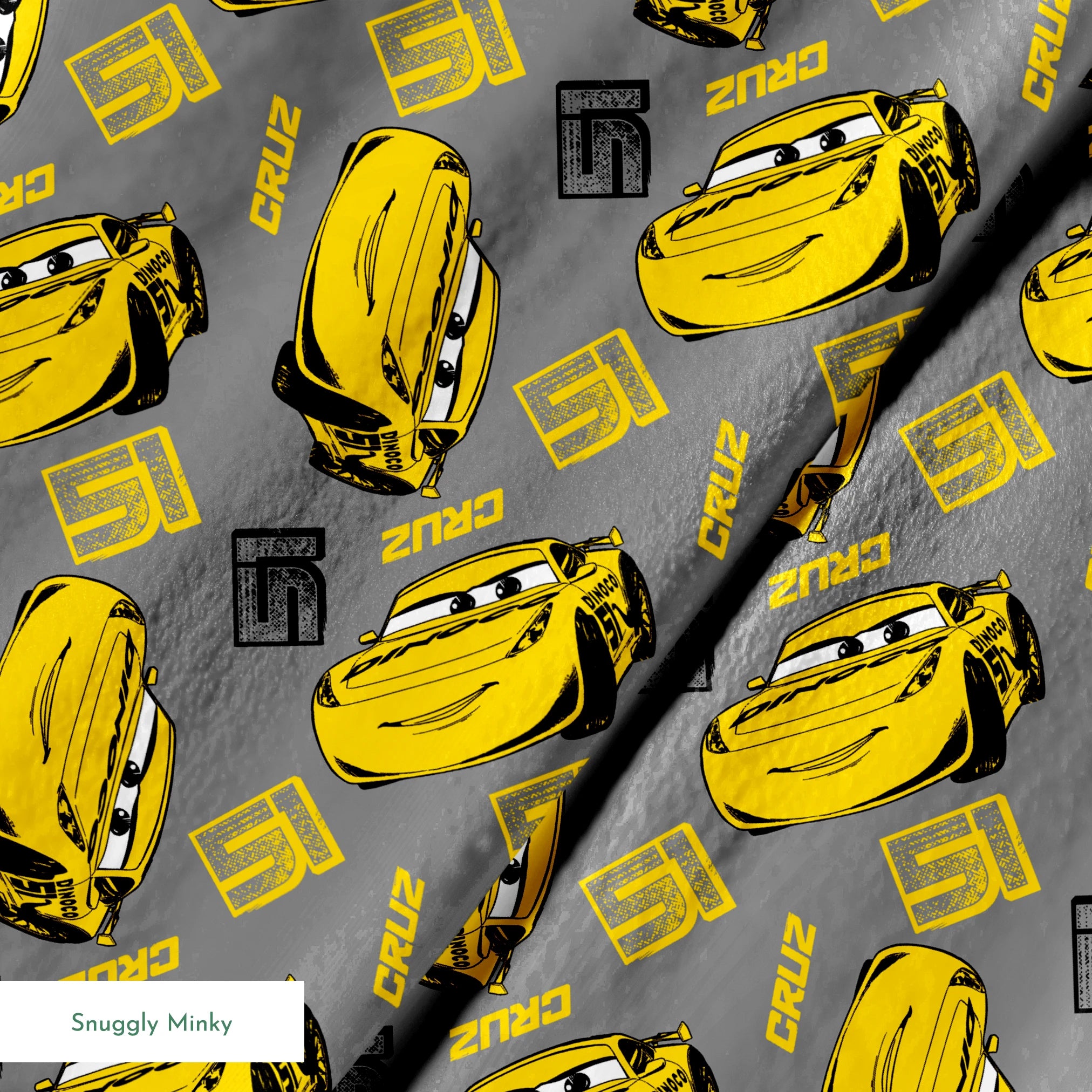 Yellow cartoon race cars with Cruz name on gray background, Cars movie pattern springs minky texture