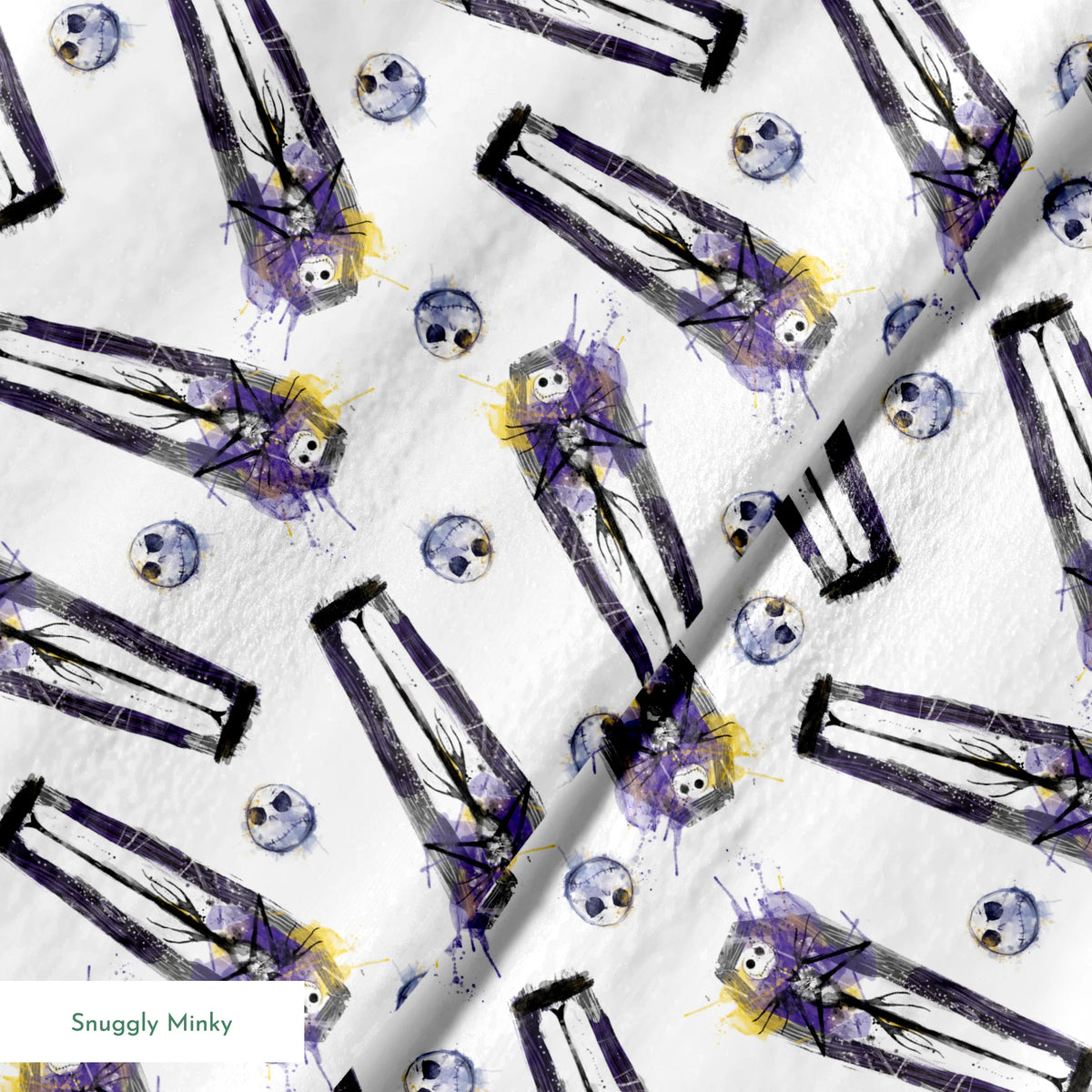Repeating pattern of stylized gothic figures in black and purple with skull-like faces on white background springs minky texture