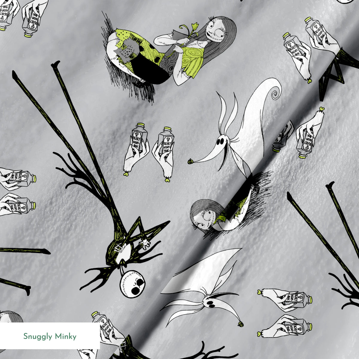 Spooky pattern with stylized ghostly figures, skeletal creatures, and green accents on gray background springs minky texture