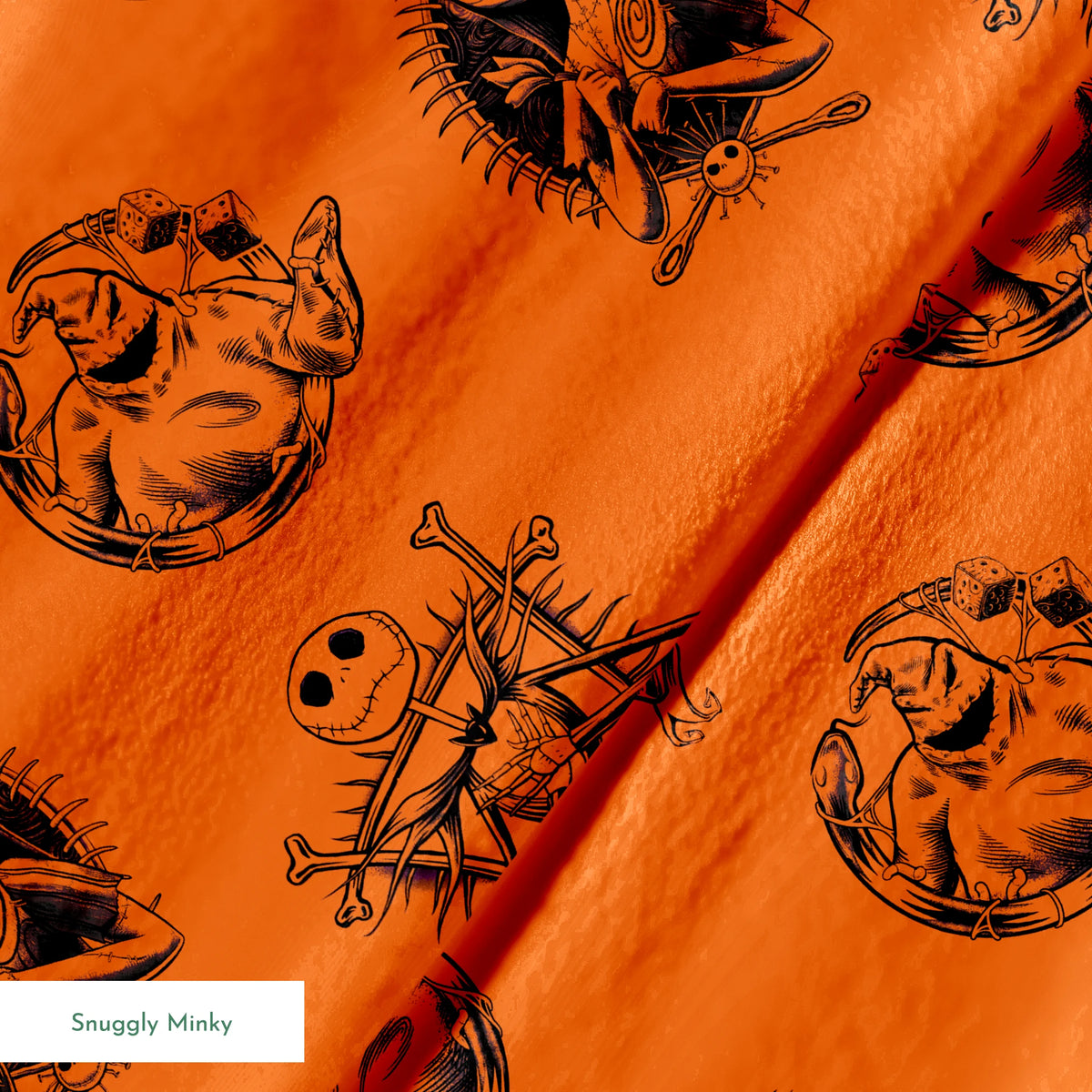 Halloween-themed pattern with spooky characters including Jack Skellington on bright orange background springs minky texture