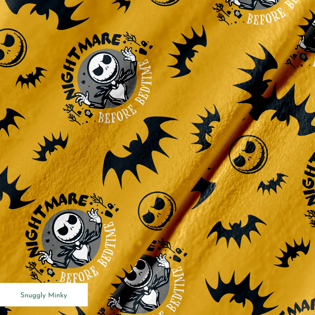 Halloween pattern with skeletal figure, "Nightmare" text, yellow background, black bats and smiling faces springs minky texture