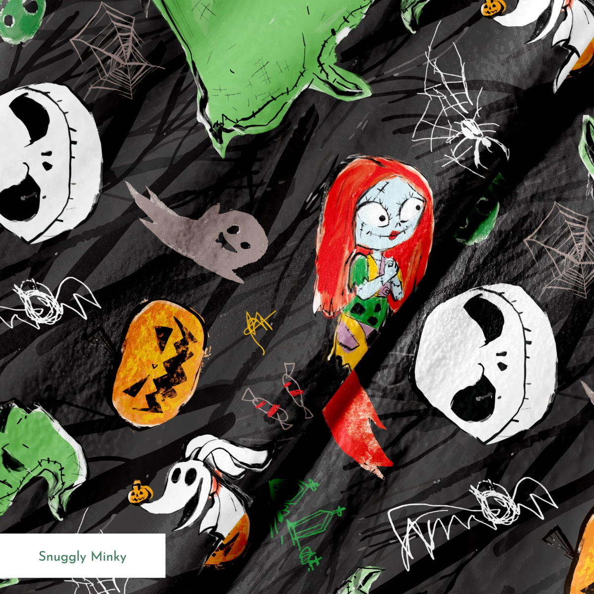 Nightmare Before Christmas pattern with Jack's face, green ghosts, orange pumpkins, spiders, and white ghosts on dark gray background springs minky texture
