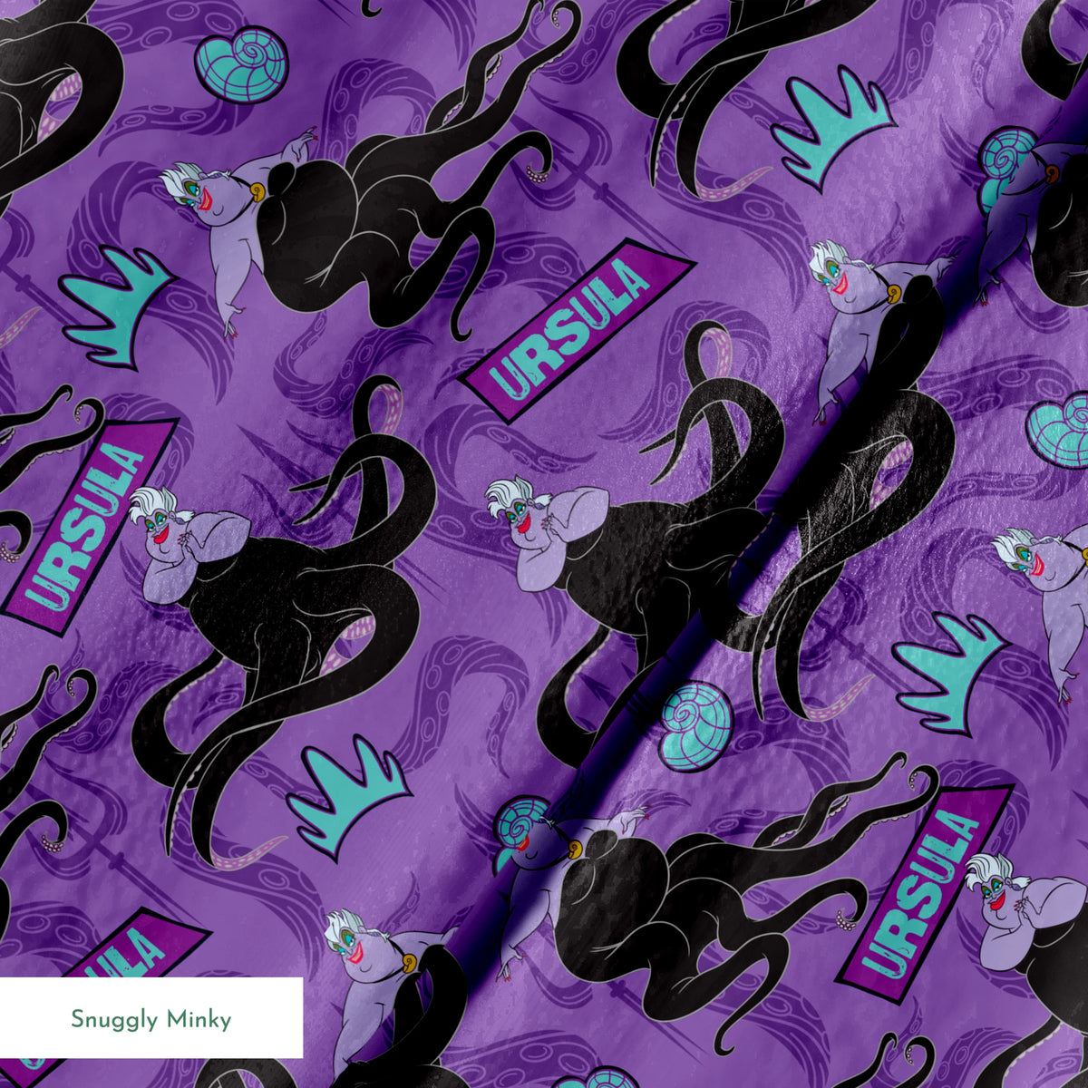 Purple background with Ursula silhouettes, tentacles, turquoise crowns, and name plates in repeating pattern springs minky texture