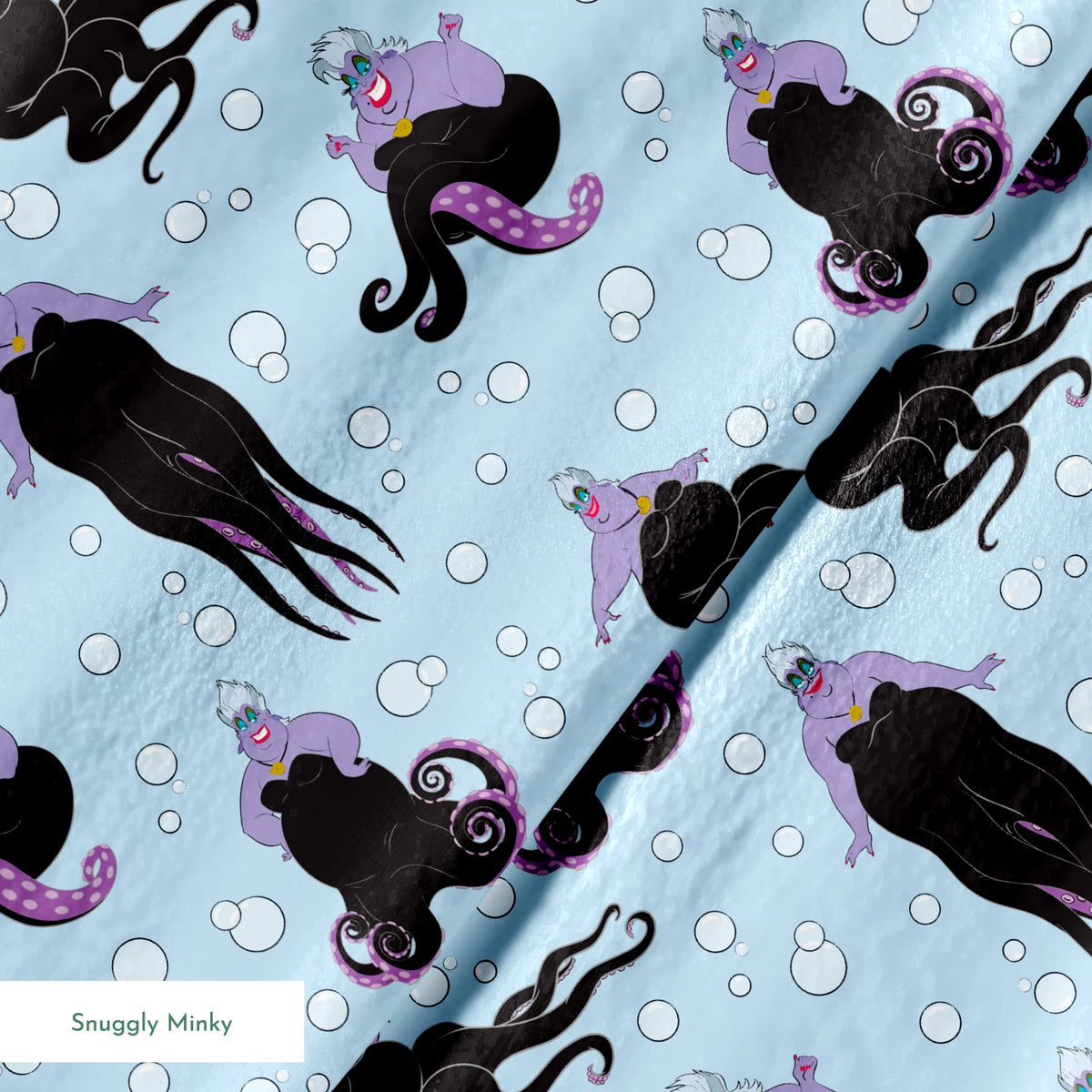 Ursula with black tentacles swimming in a light blue underwater scene with white bubbles springs minky texture