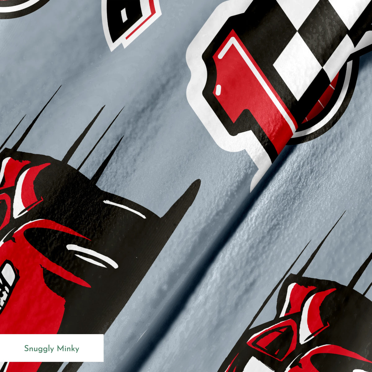 Racing pattern with red cars, checkered flags, speedometers, and racing emblems on gray background springs minky texture