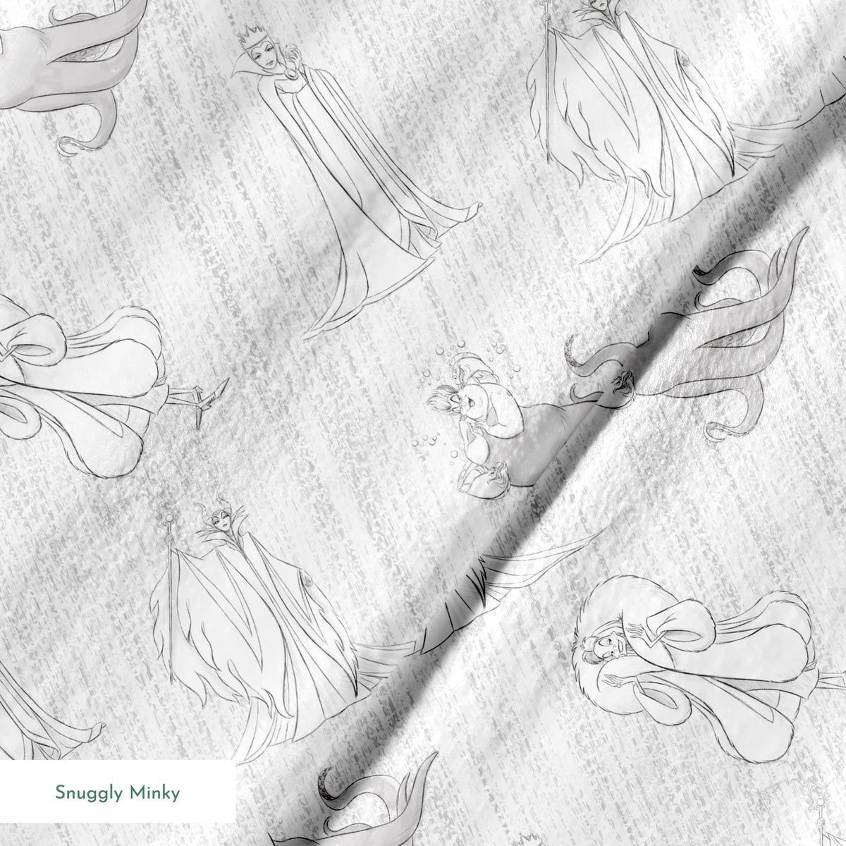 Sketched Disney villains scattered across a textured diagonal background in grayscale springs minky texture