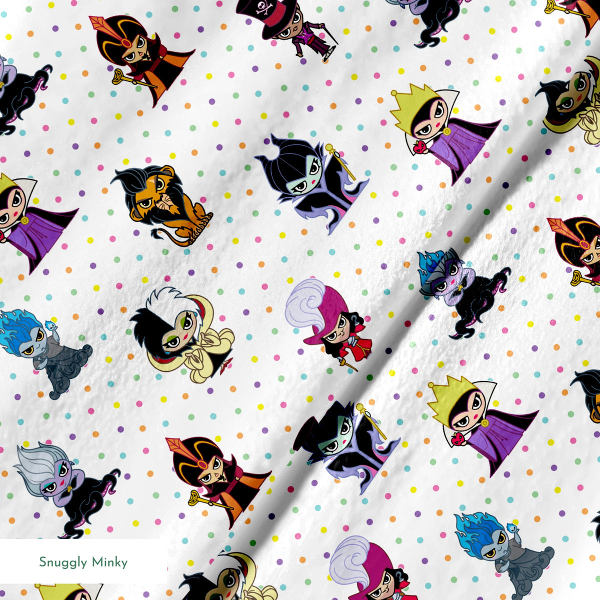 Cartoon Disney villain characters in chibi style scattered on polka dot background, including figures with crowns, capes, and distinctive colorful designs springs minky texture