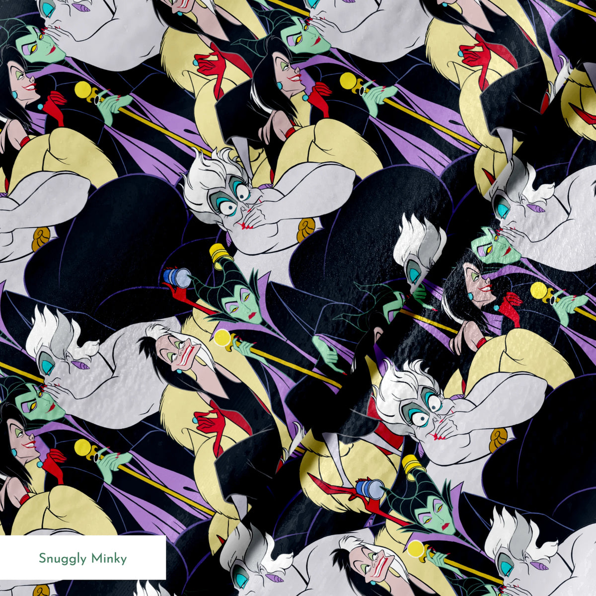 Colorful pattern of Disney villains including Ursula, Maleficent, and Cruella de Vil on dark background springs minky texture
