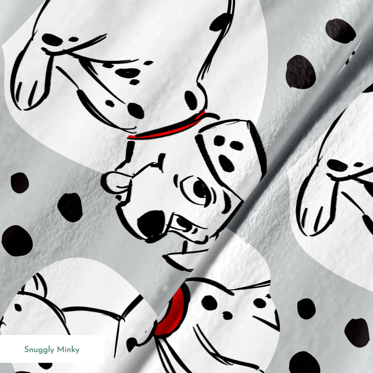 Cartoon Dalmatian dogs with red collars on gray background with black spots pattern springs minky texture