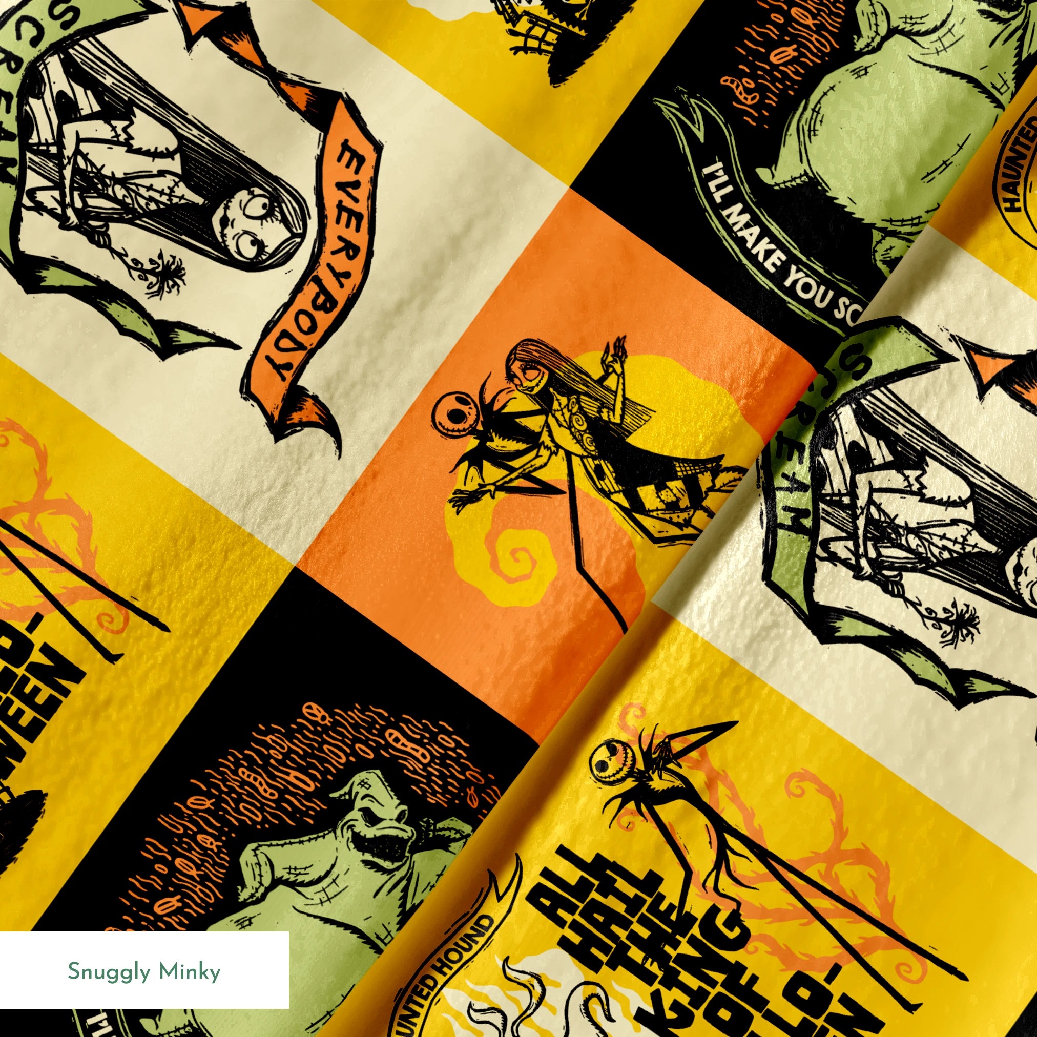 Four stylized Nightmare Before Christmas illustrations in a grid with yellow, green, and orange backgrounds featuring  a haunted house and gothic imagery. springs minky texture