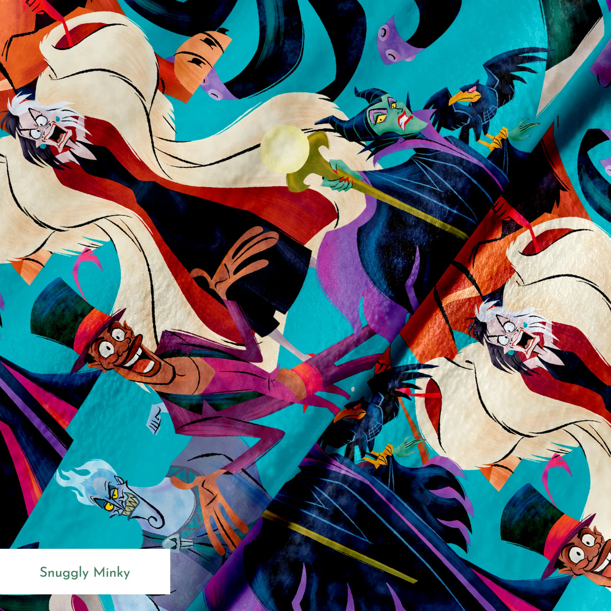 Disney Villains like Ursula, Maleficent, and Hades on a turquoise background in a colorful character pattern. springs minky texture