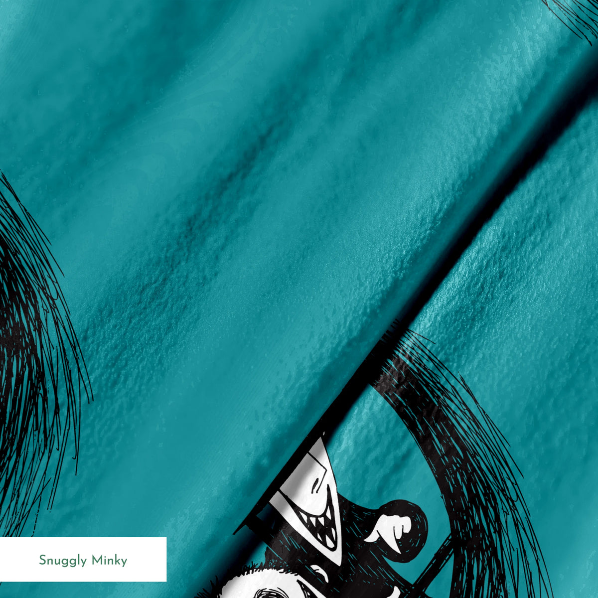 Teal patterned design with The Nightmare Before Christmas characters in circular frames, featuring round-headed characters in formal attire. springs minky texture